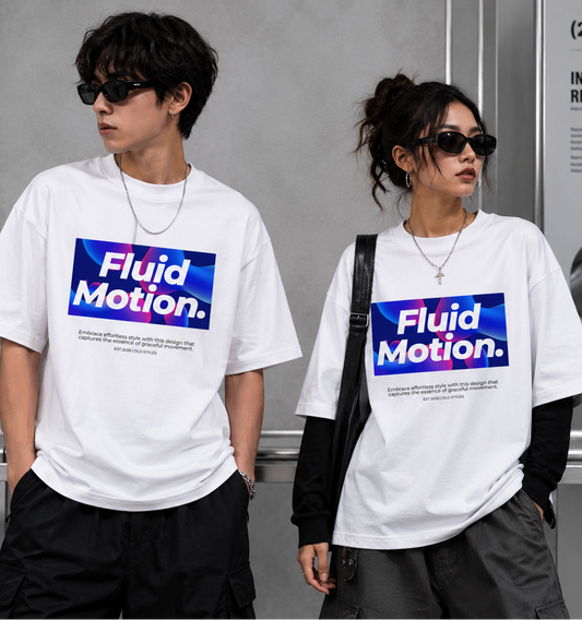 Two people wearing white t-shirts with 'Fluid Motion' logo in an urban setting.