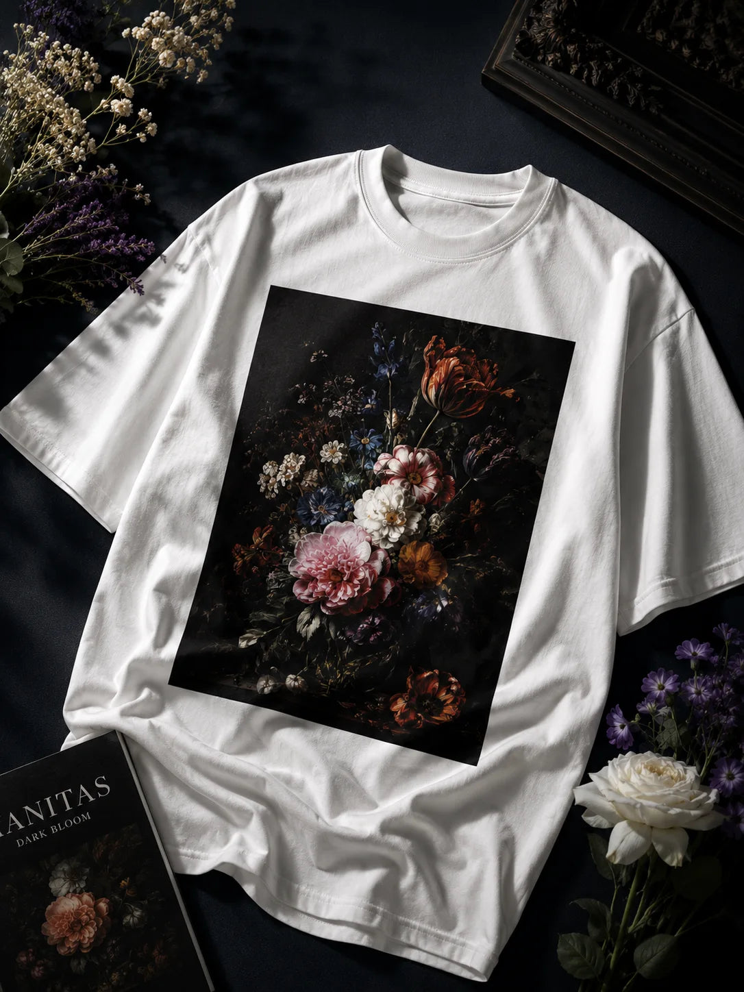 White t-shirt with a floral design on a dark background